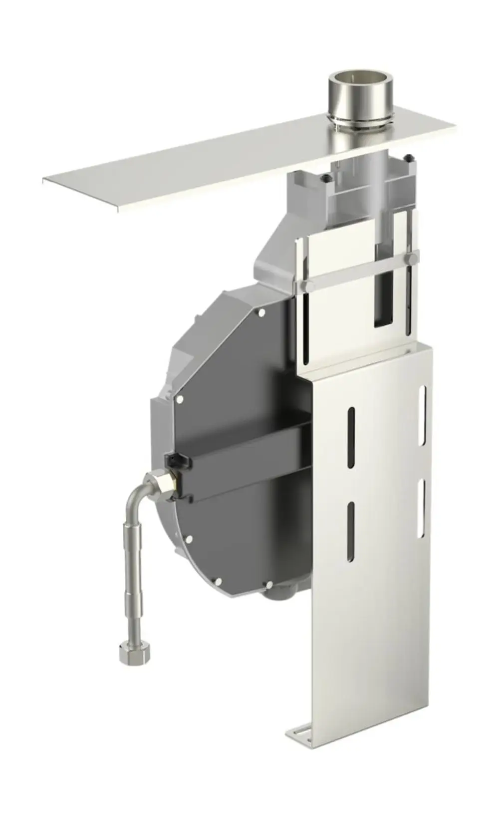 Rollbox für Schlauch mit Metallgehäuse und Grundplatte. Die Konstruktion enthält einen Anschluss für den Schlauch und ist für den Einsatz im HANSA-System ausgelegt.
